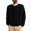 Gray men's loose half-zip textured knit sweater on a hanger.