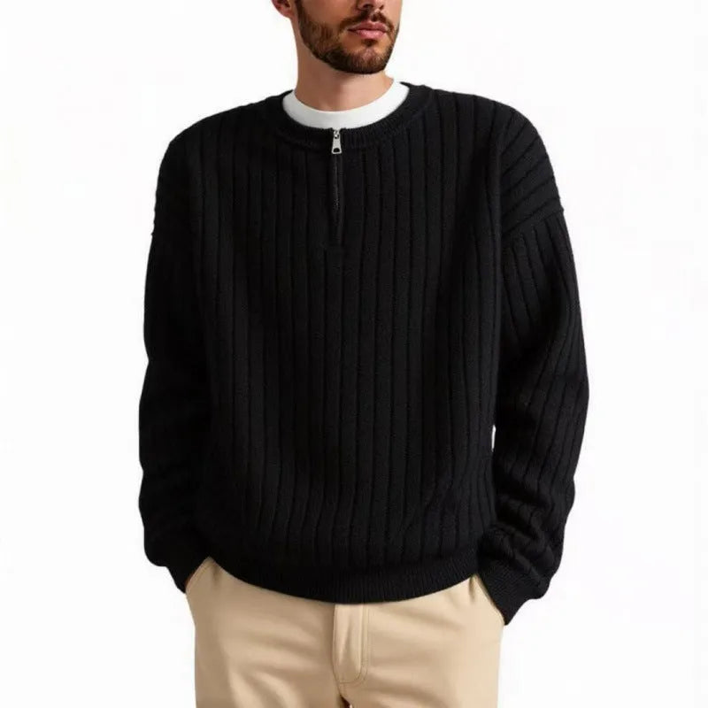 Gray men's loose half-zip textured knit sweater on a hanger.