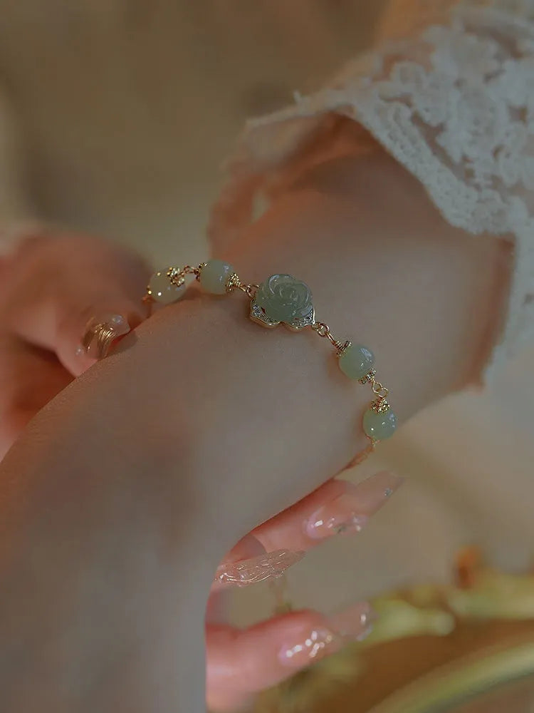 Women's Hetian jade bracelet with rose flower design and 14K gold plating, literary style