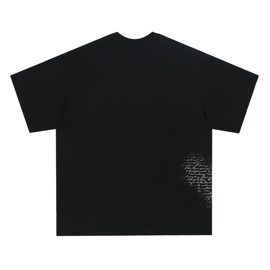 Black and white cotton t-shirt with retro letter print, shown in sizes for teenagers.