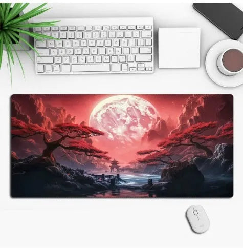 Custom anime graphic gaming mouse pad with non-slip rubber base on a desk.