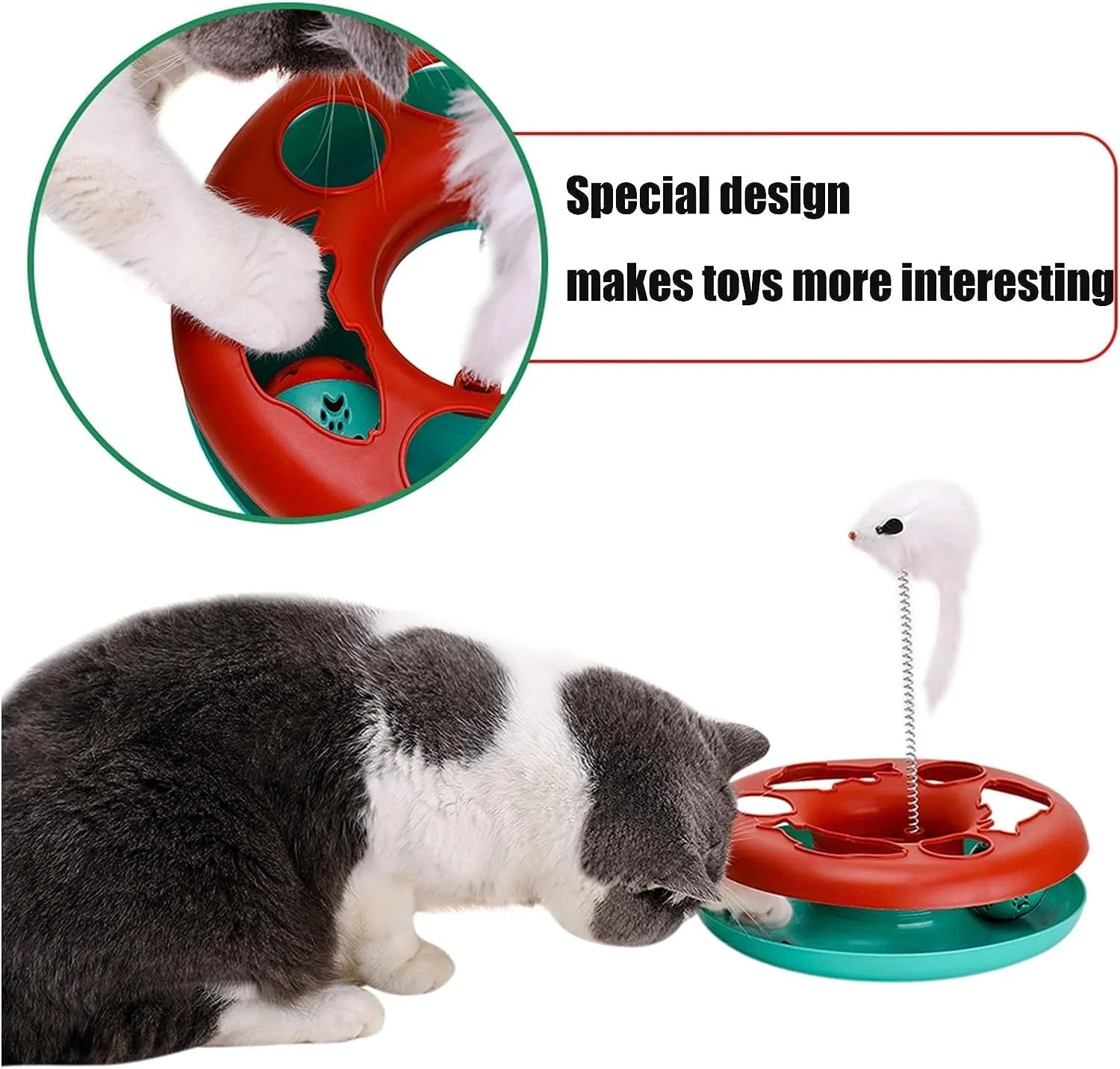 Red cat toy roller track with exercise balls, catnip spring, and detachable mouse teaser on floor