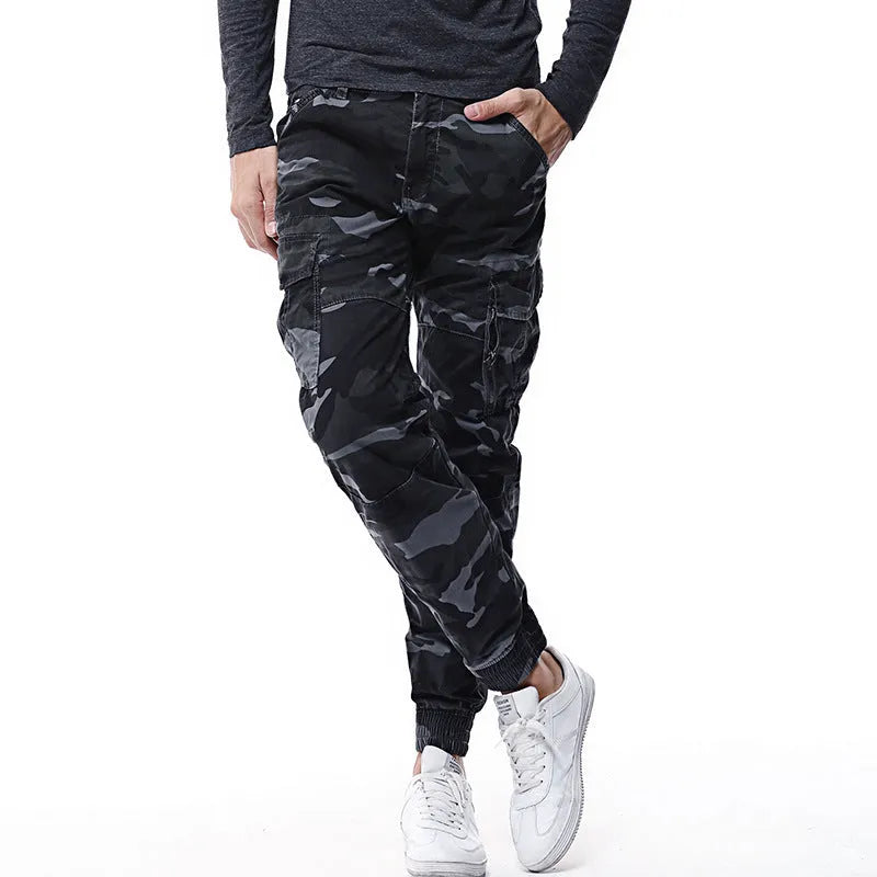 Men's outdoor camouflage polyester mid waist trousers in light army camouflage colour, size 32