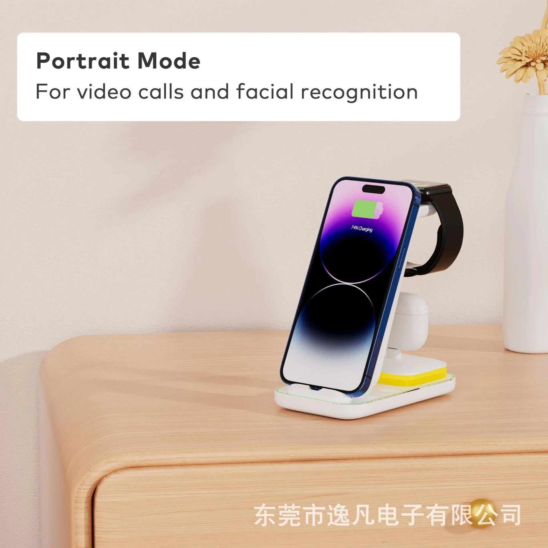 Black and white vertical wireless charging stand for mobile phones, watches, and headsets with 15W fast charging
