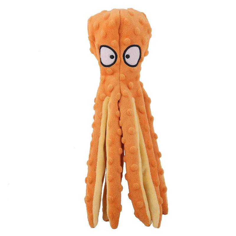 Blue octopus-shaped dog toy with tentacles, no stuffing, suitable for chewing and interactive play