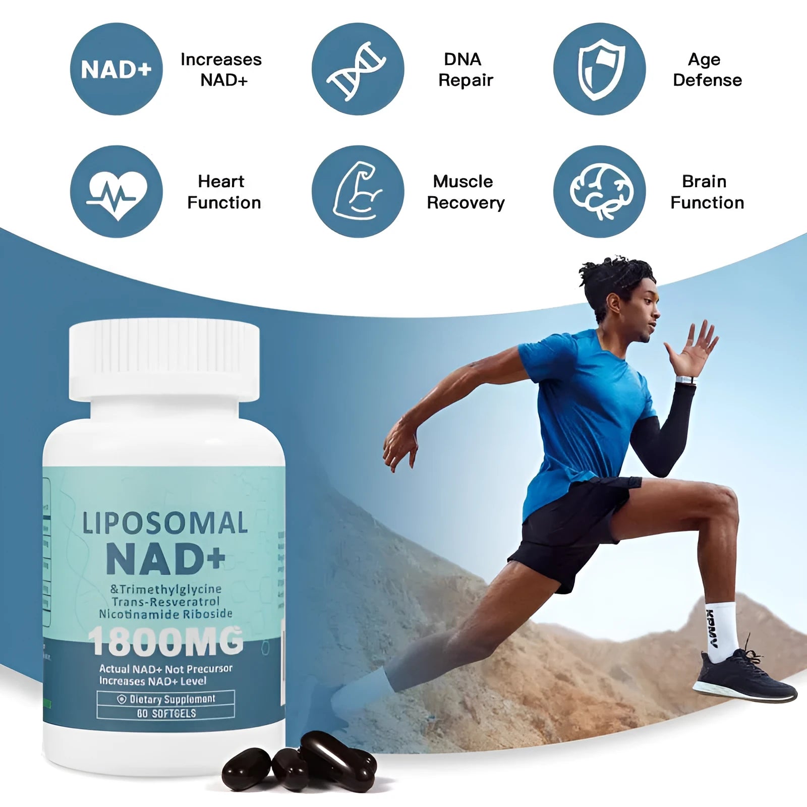 Bottle of Nicotinamide Mononucleotide Gel capsules dietary supplement with 60 or 120 piece options.