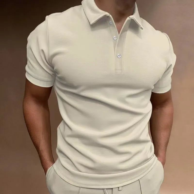 Men's button T-shirt in cotton blend fabric with spandex, loose fit casual styling in seven colour options