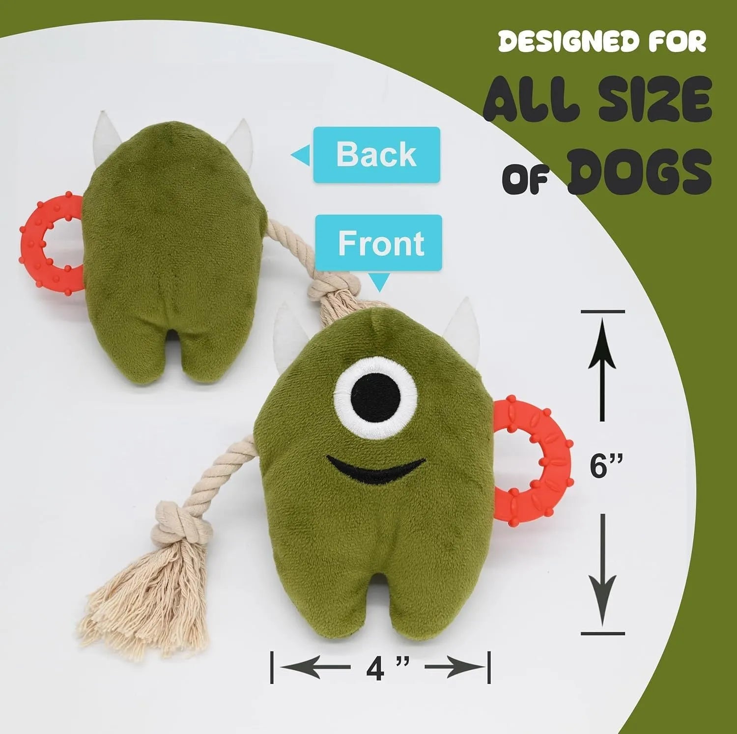 Blue and green plush monster dog toy with rope tug handles