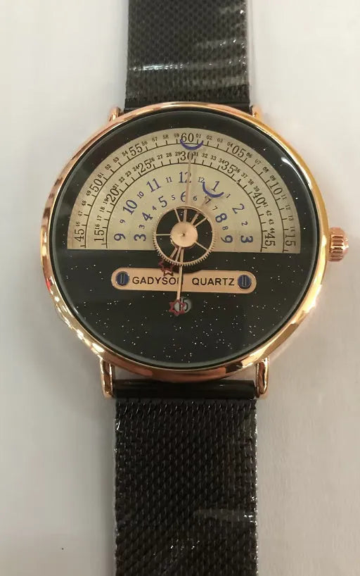 M-1288 men's quartz watch with gold 40mm dial and stainless steel strap on white background