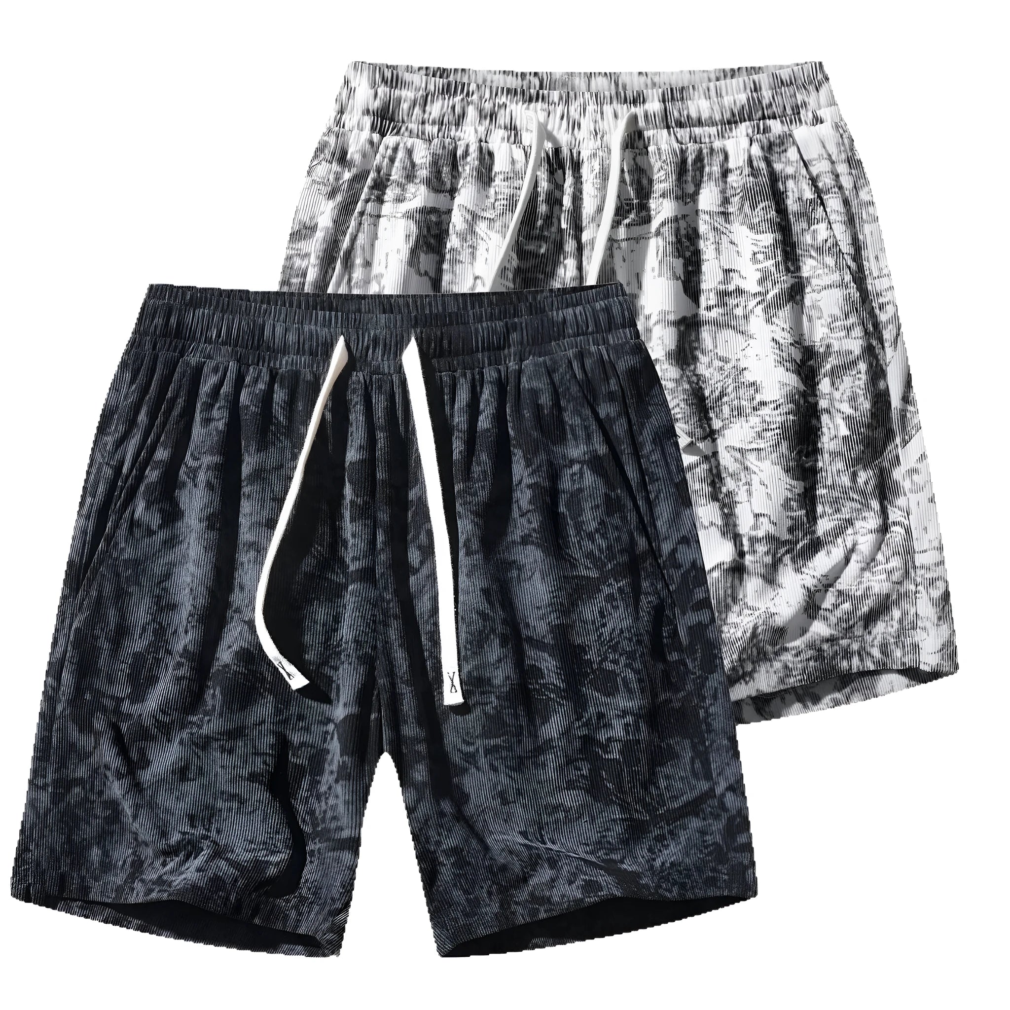 Men's high waist camouflage corduroy athletic shorts in white gray and black colors with straight fit design