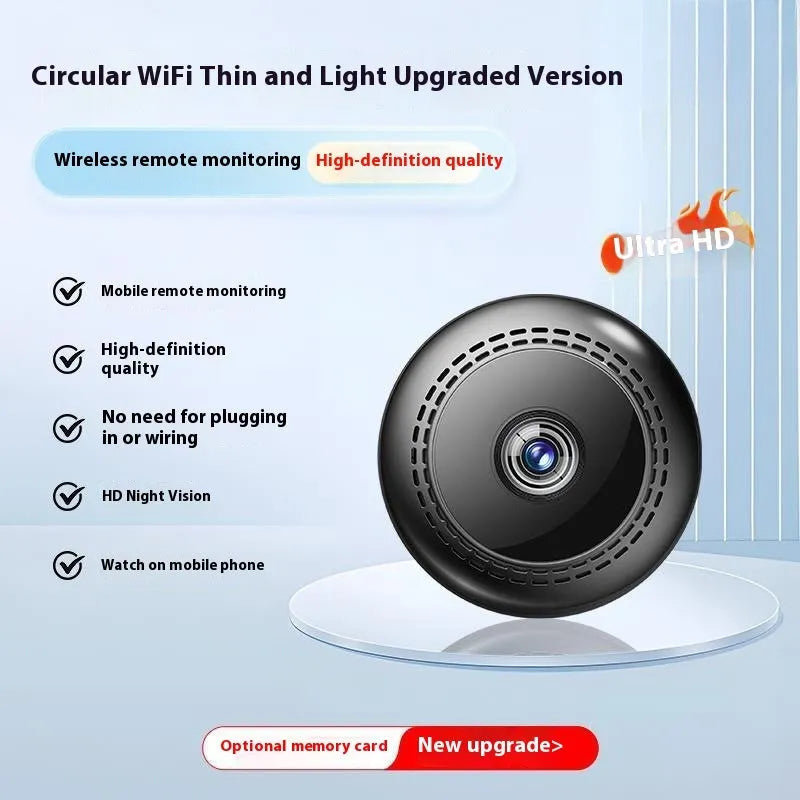 Wireless black security camera with 360-degree rotation on stand showing night vision capability