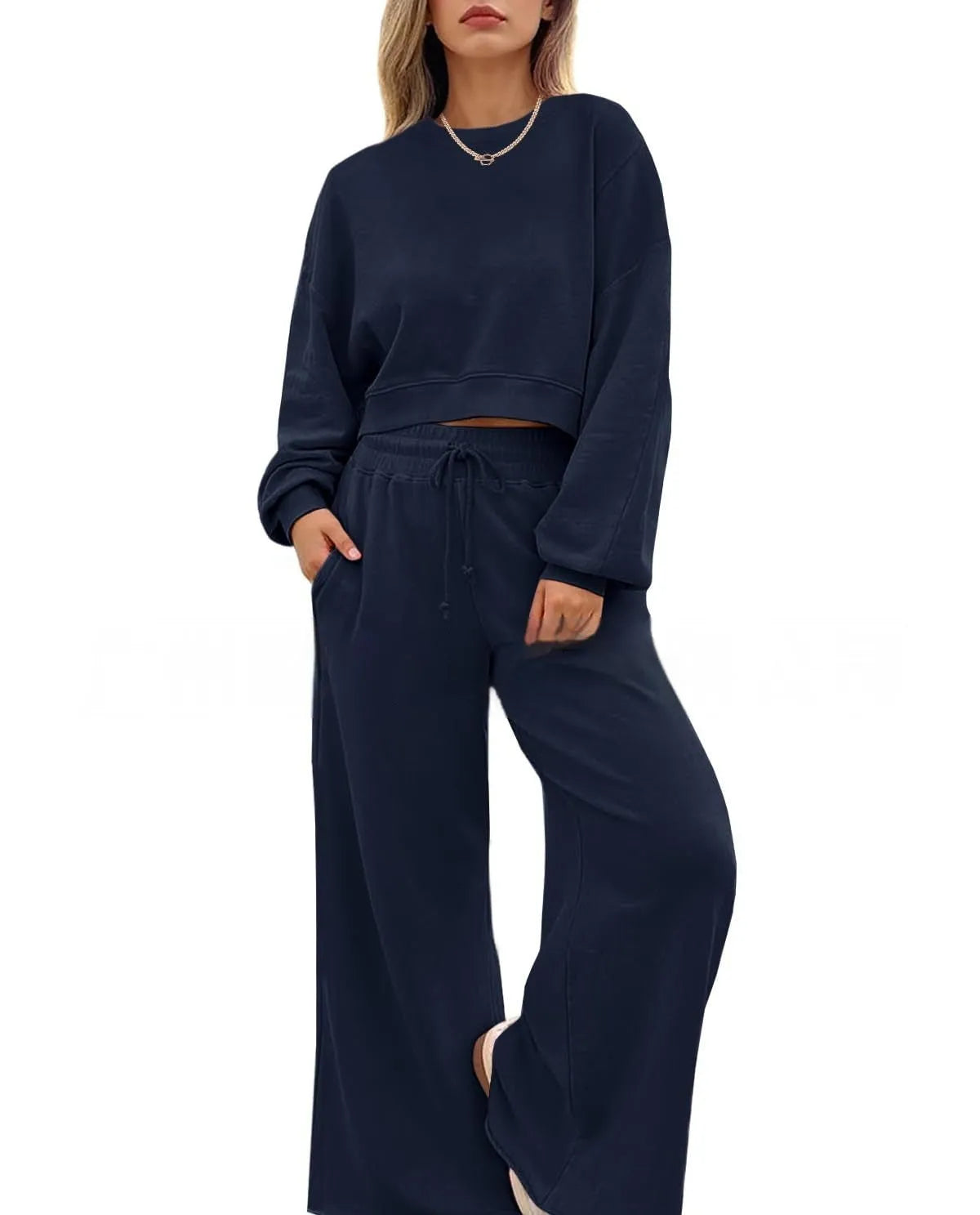 Women's solid colour polyester trousers set with long sleeves in street hipster style