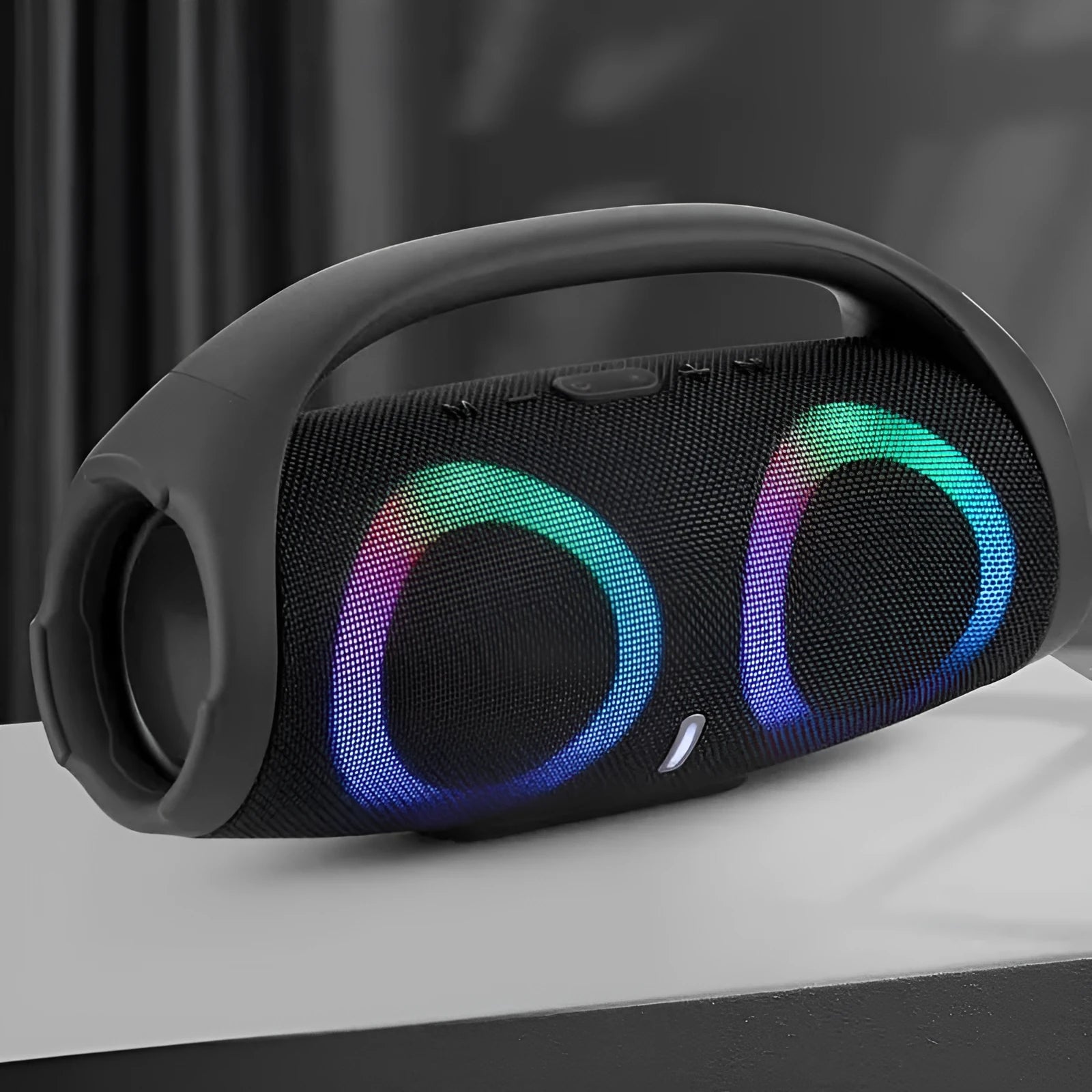 War Drum three-generation Bluetooth speaker with RGB coloured lights in black, designed for outdoor portable use