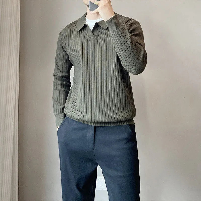 Men's loose knit pullover sweater in modal and rabbit fur blend, shown in army green colour.