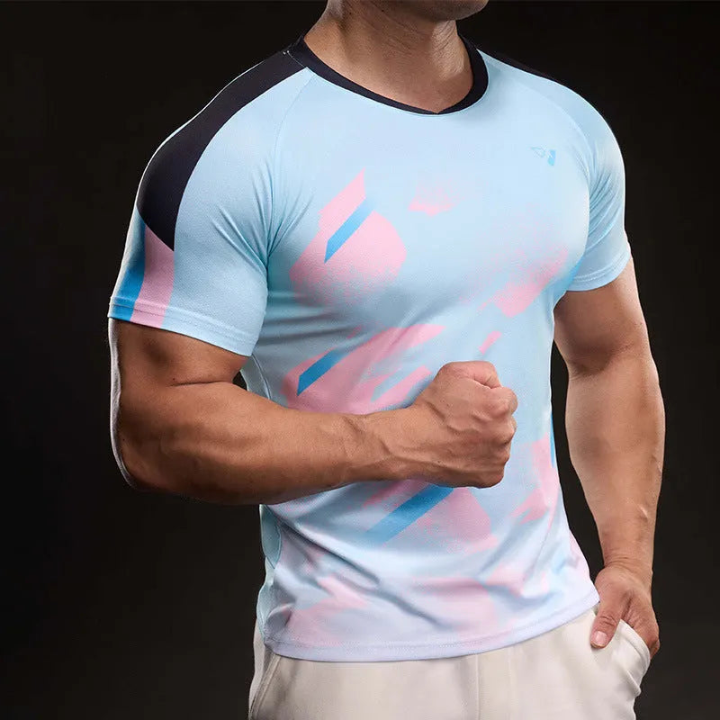 Men's blue and white ice silk quick-dry polyester short sleeve T-shirt for running and fitness, regular fit, sizes M-4XL