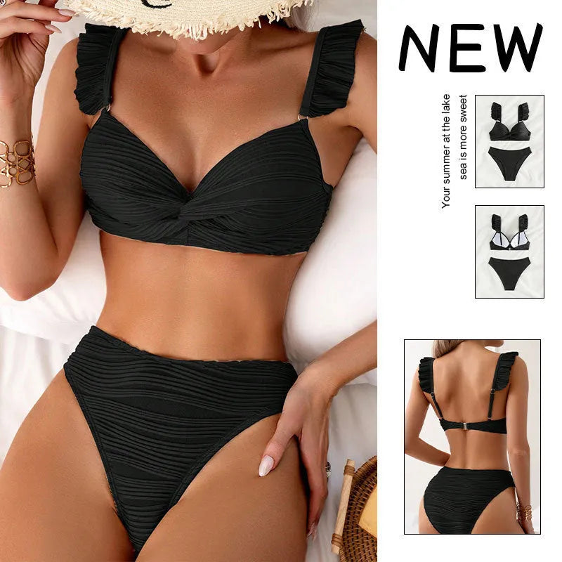 Women's solid colour bikini swimsuit set in black or khaki on a mannequin.