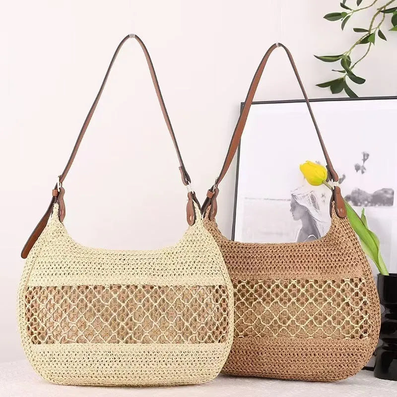 Women's casual straw cross body bag in khaki colour with horizontal square design and outer sandwich pocket