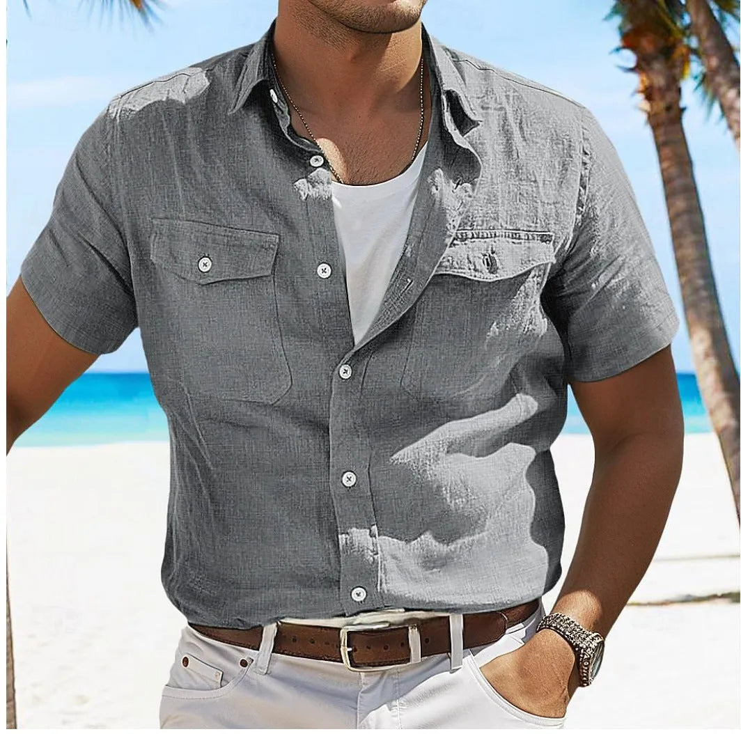 Men's solid colour cotton linen shirt with polo collar and long sleeves in loose fit.