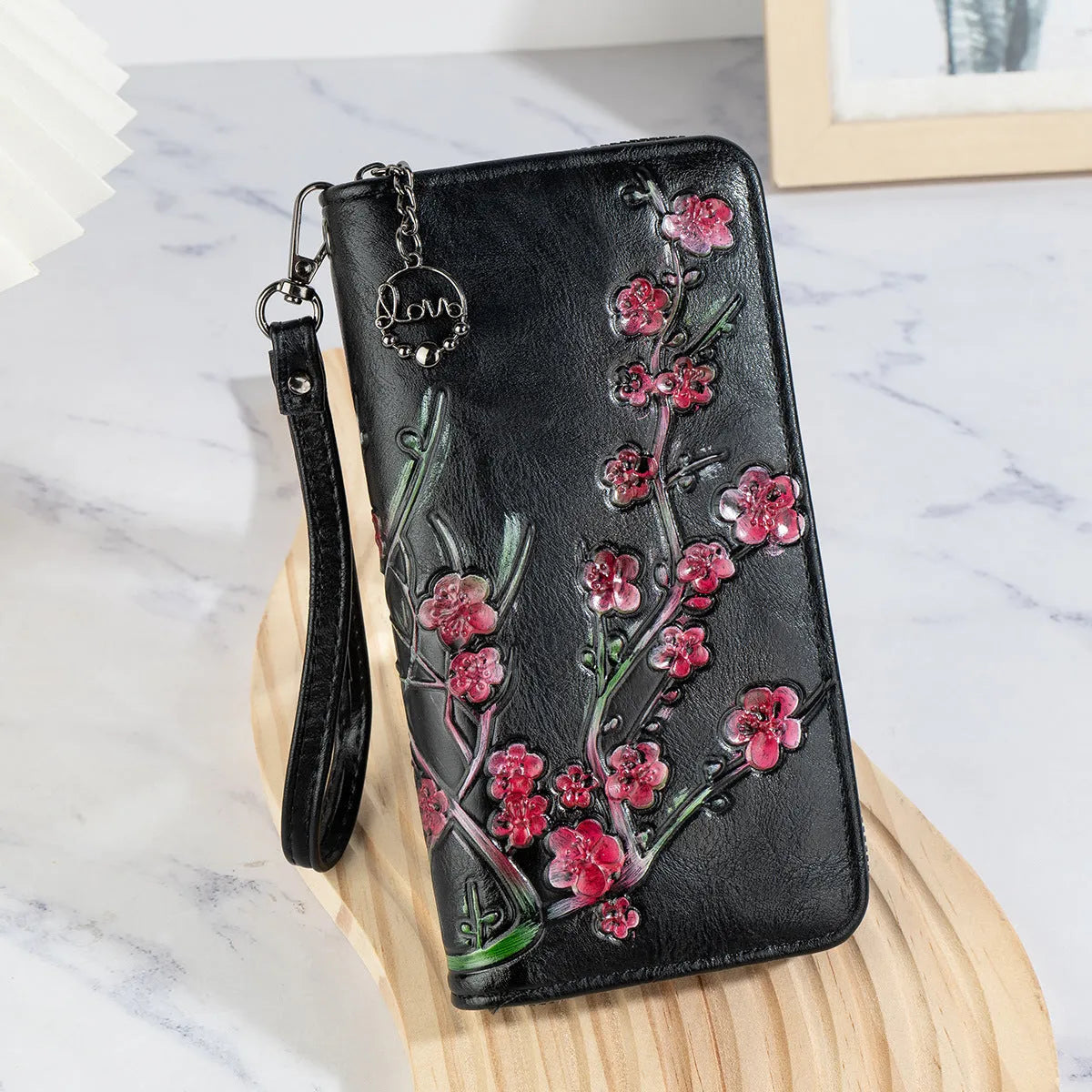 Chinese style handbag with embossed floral pattern and hand-painted design in vintage retro styling