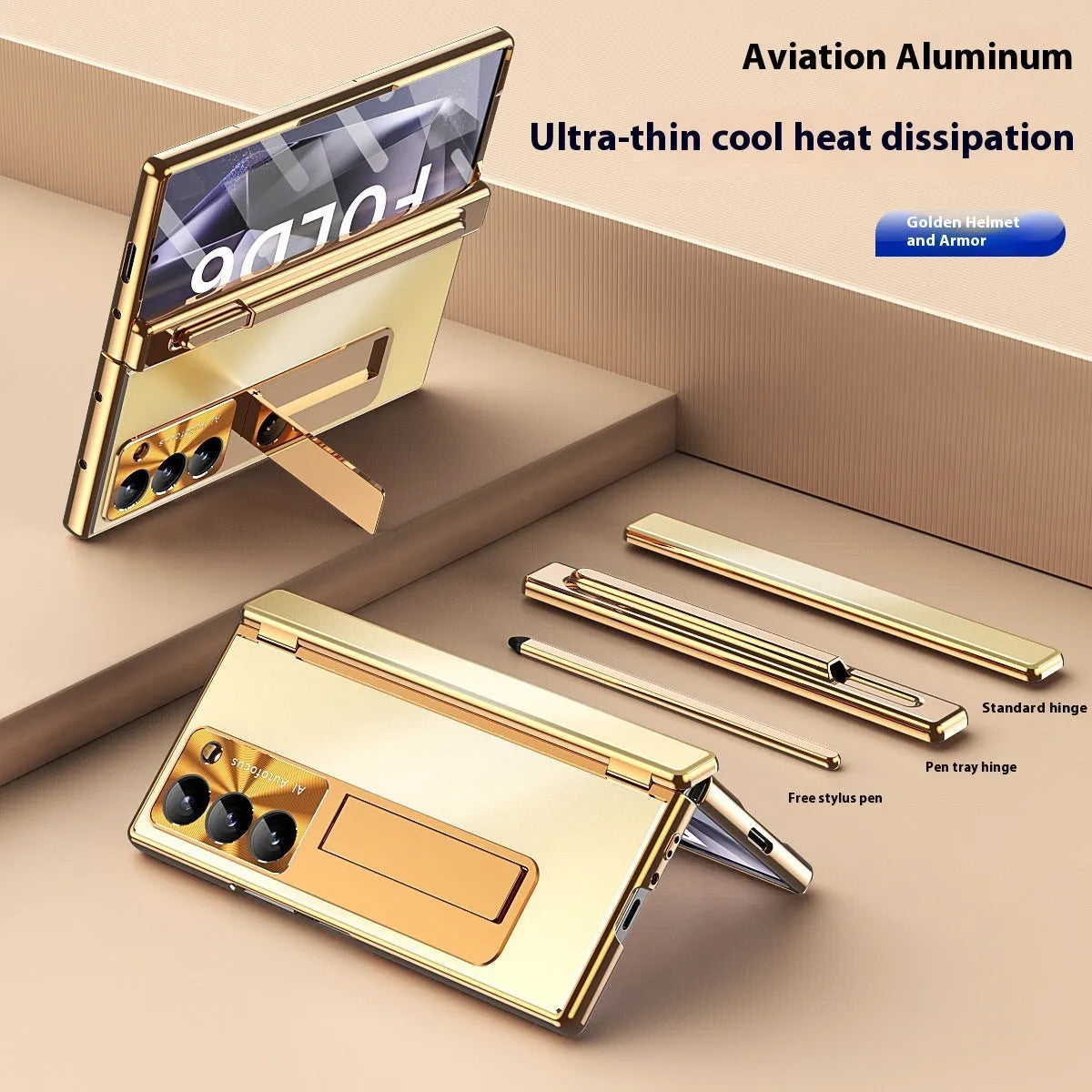 Aluminum alloy flip phone case for Samsung Zfold6 with bracket and magnetic suction, gold helmet black armour colour