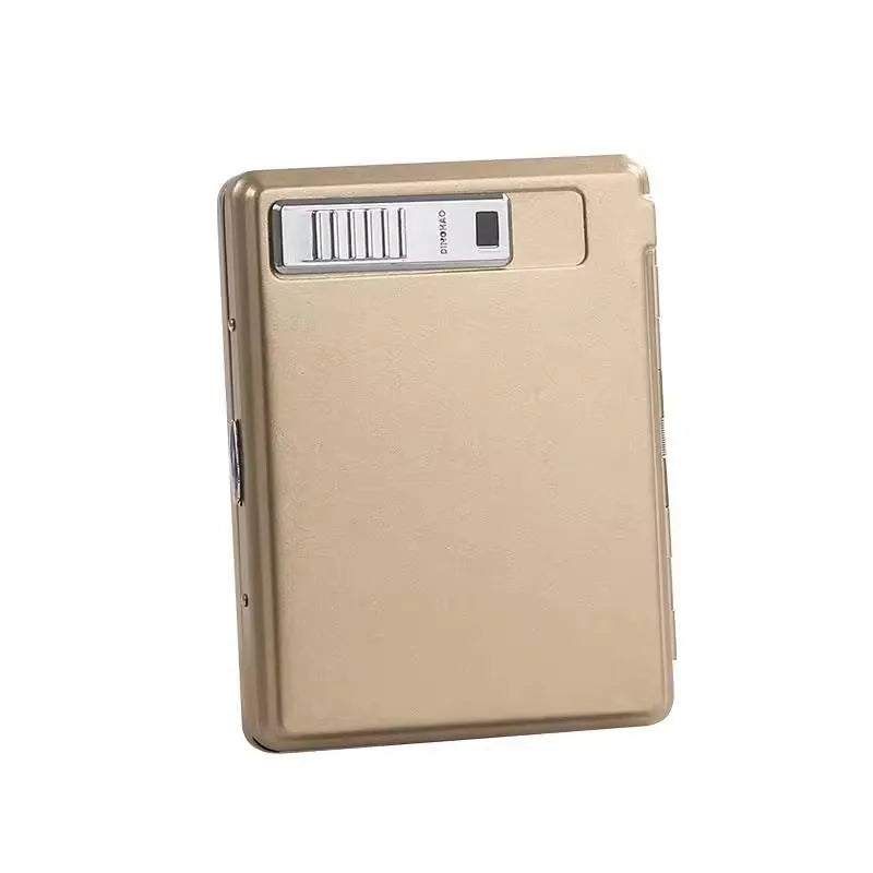 Classic flip charging metal cigarette case lighter with built-in windproof lighter, available in black, gold, and gray.