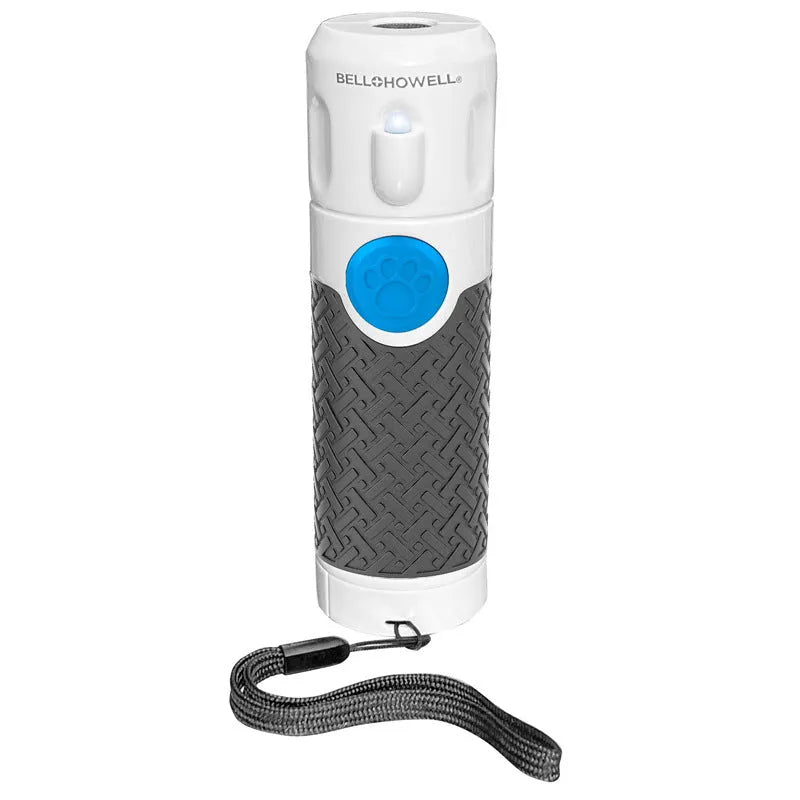 White handheld ultrasonic dog bark control trainer unit on a white background.