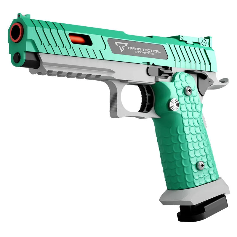 Metal shell-ejecting toy gun with slide lock in Macaron Green, showing realistic action
