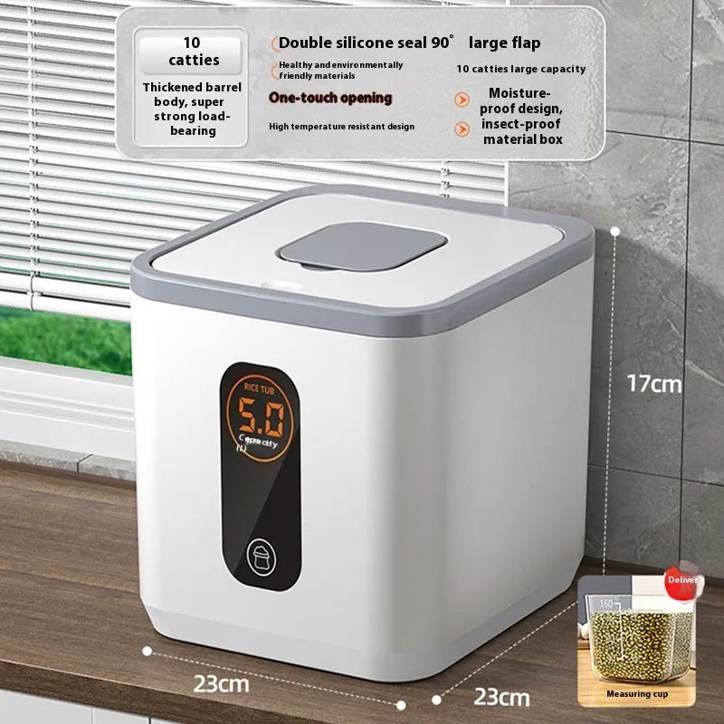 Grey plastic rice storage jar with airtight lid and measuring cup in 10kg, 20kg, and 30kg capacity options