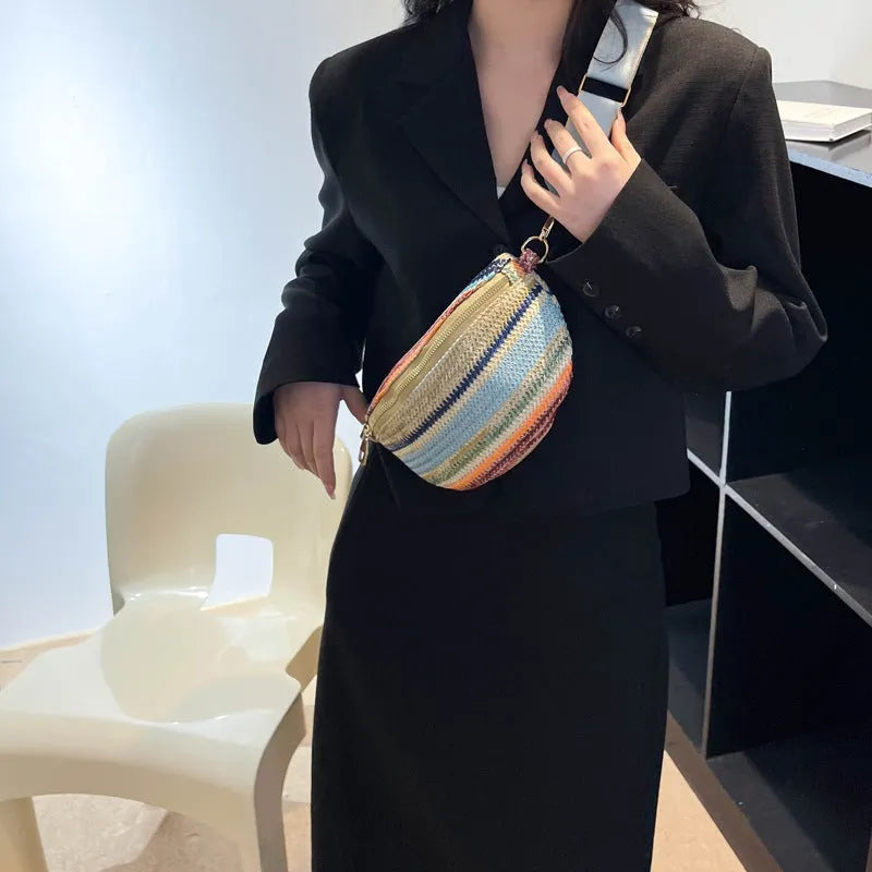 Blue straw woven beach shoulder bag with shell shape and single strap
