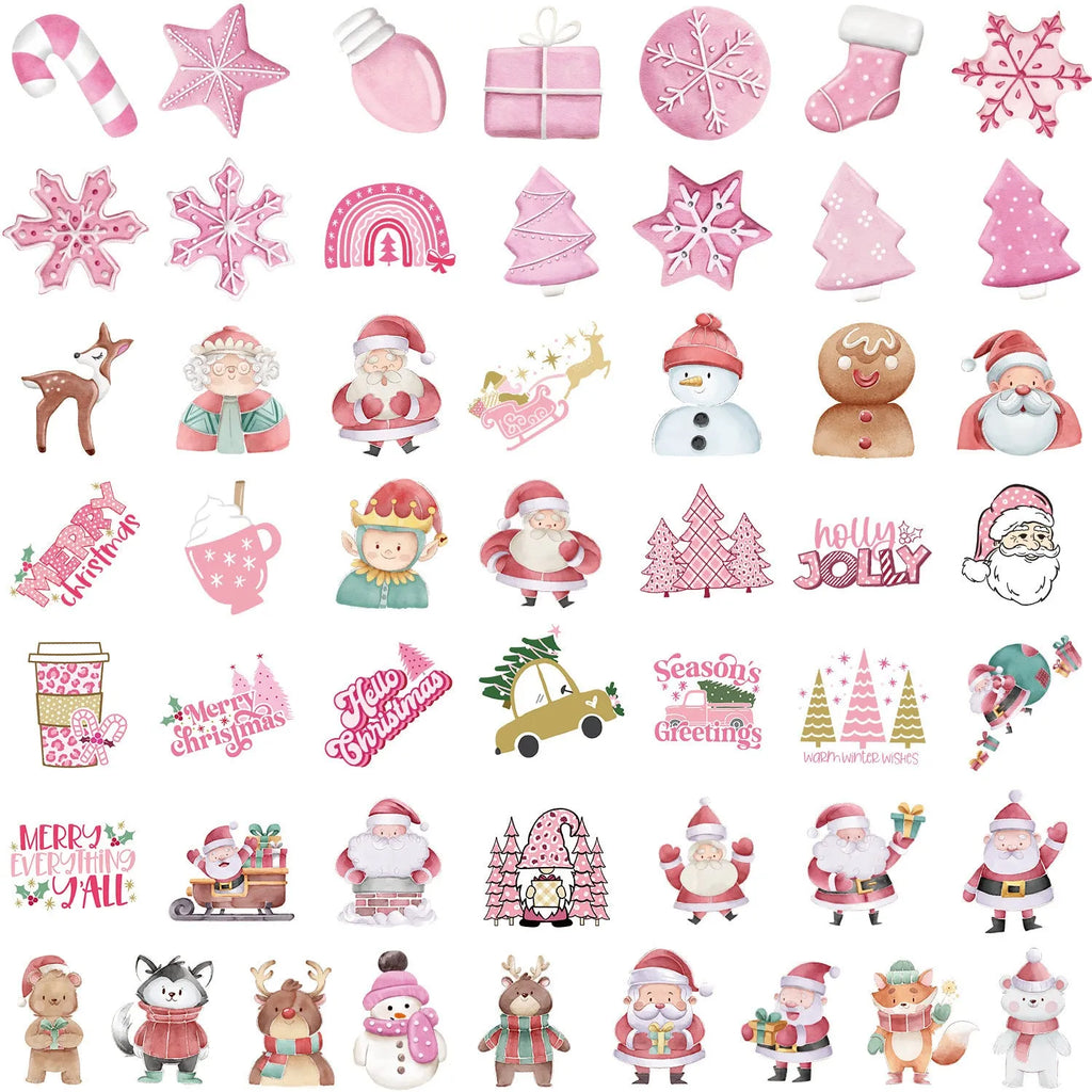 50 waterproof Christmas stickers in various cute designs ranging from 4cm to 8cm sizes
