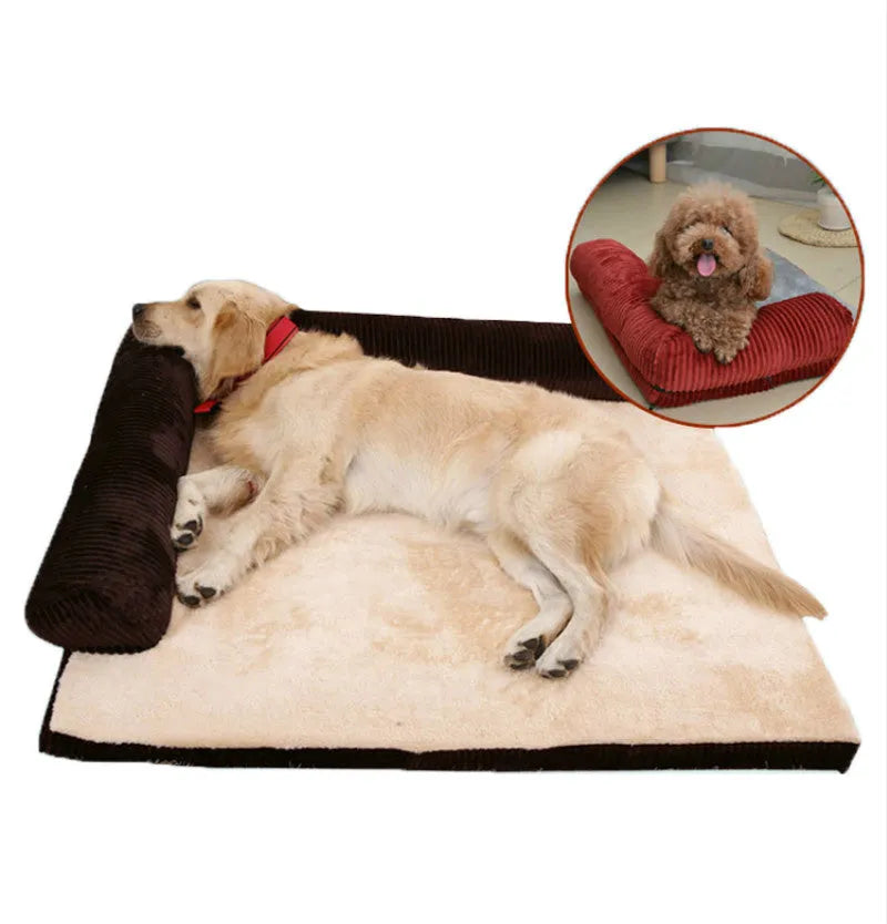 Corduroy bolster dog bed with non-slip base in grey, showing S M L XL size comparison.