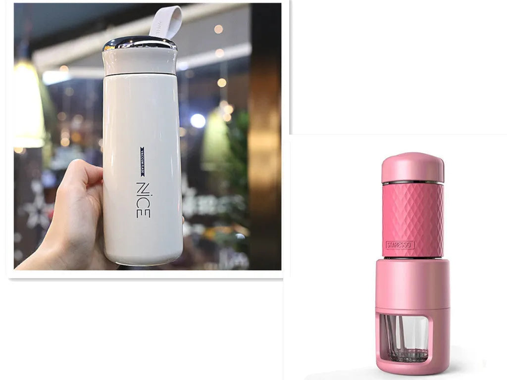 Portable manual espresso coffee machine in stainless steel, 7x7x20.3 cm, available in multiple colours