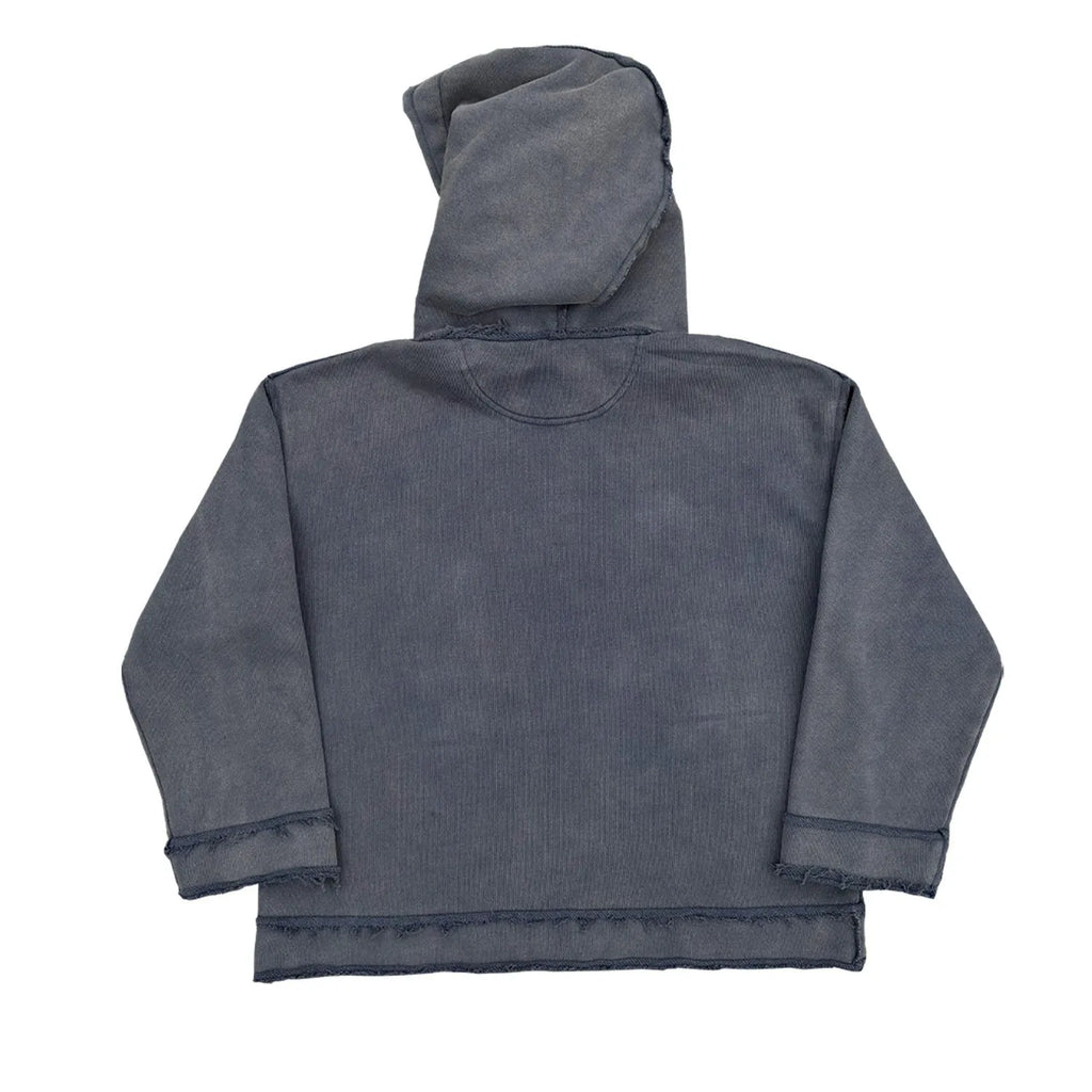 Dark blue men's hoodie with Sun Also Rises design printed across back, zip-up front with hood