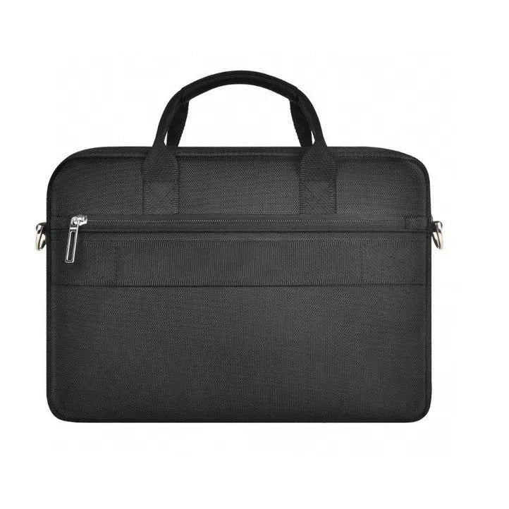 Black waterproof Oxford cloth laptop bag showing multi-pocket organisation and lock feature