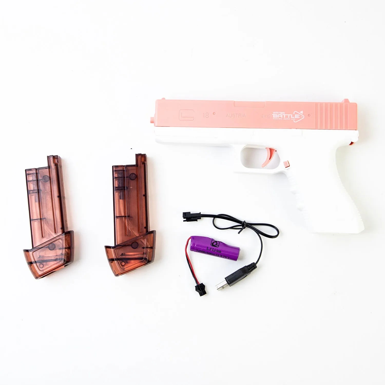 Blue electric water gun with USB charging cable and automatic straw