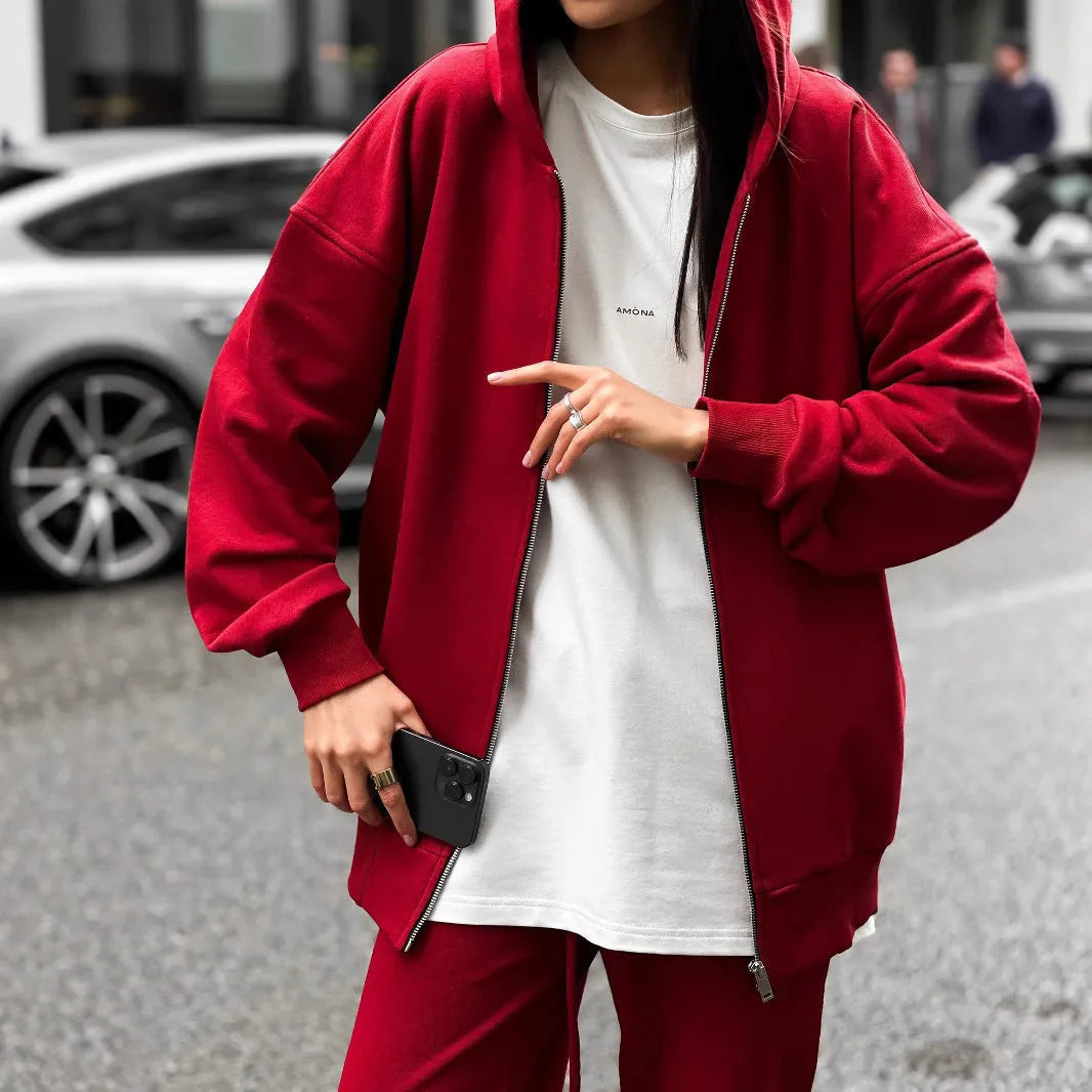 Street style two-piece set featuring long-sleeved coat and matching trousers in loose fit