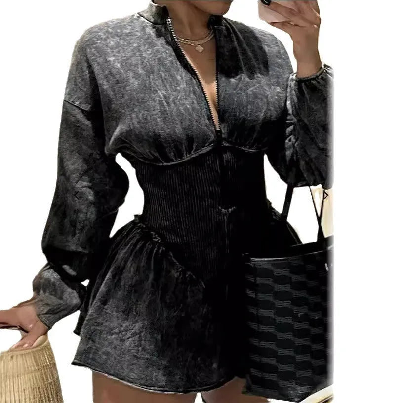 Grey digital print A-line dress with drawstring waist and long sleeves