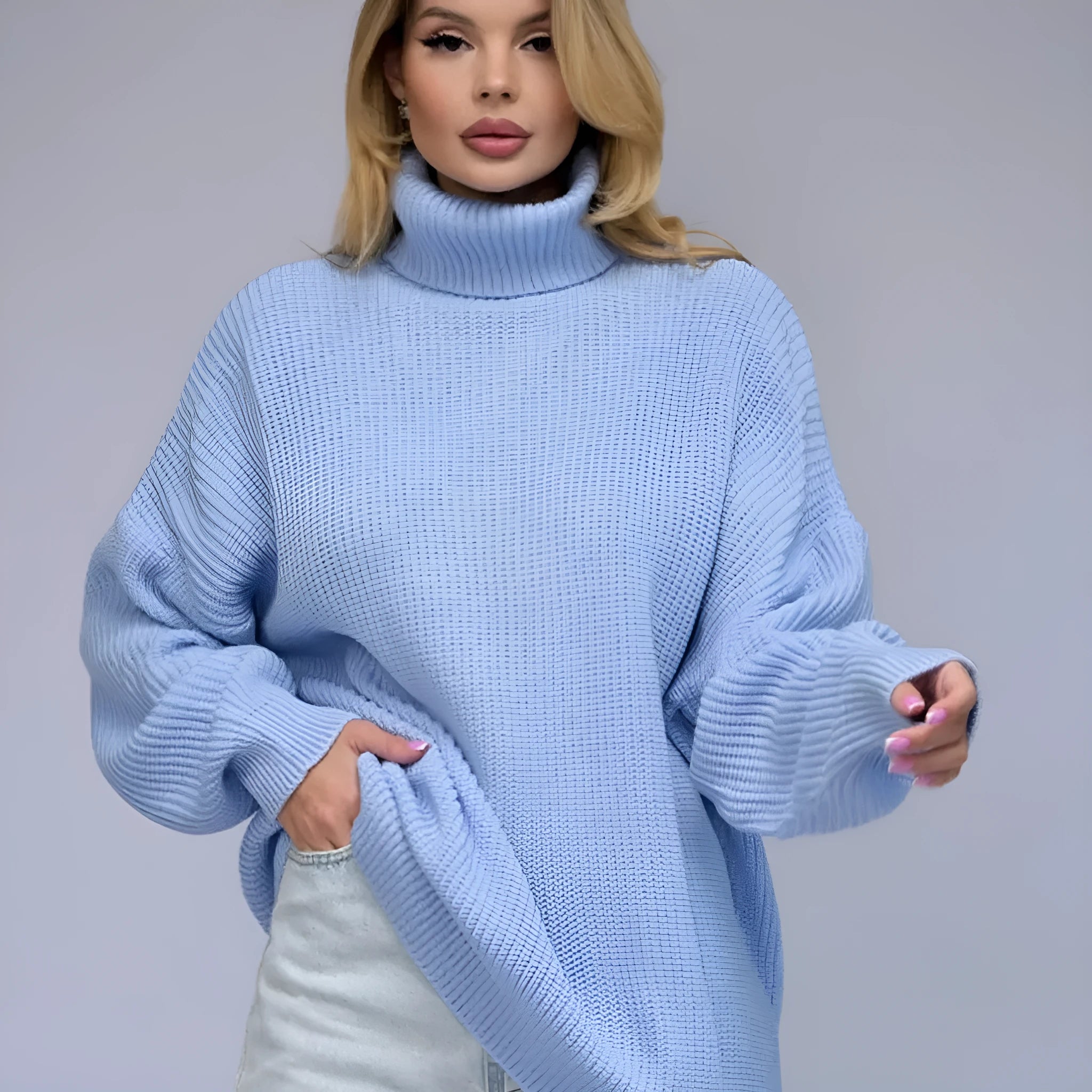 Women's high neck loose fit pullover sweater in thick imitation cashmere fabric, solid colour option shown.