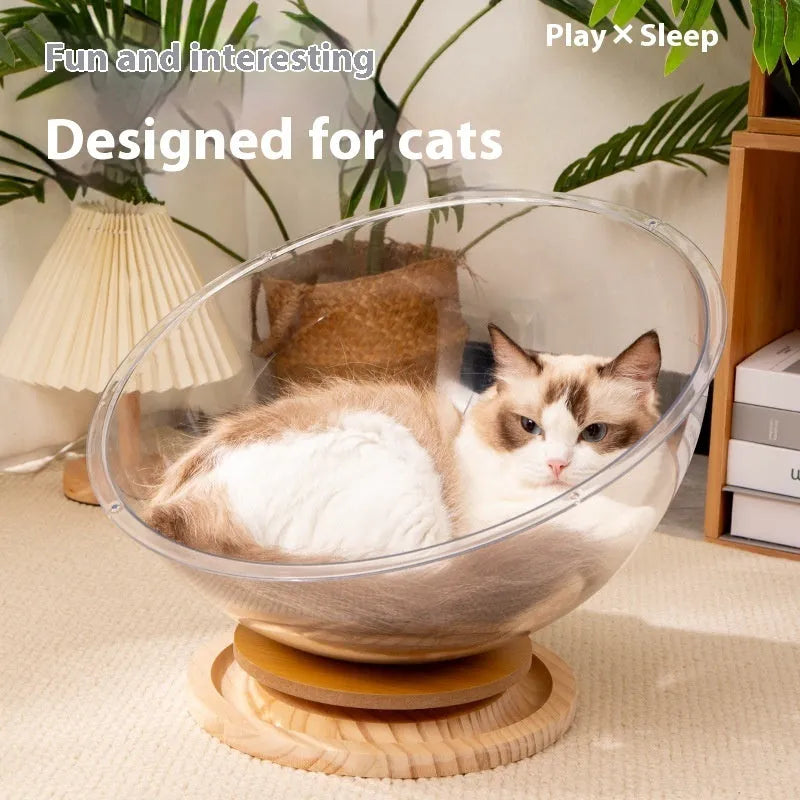 Transparent acrylic cat space capsule bed with enclosed design.