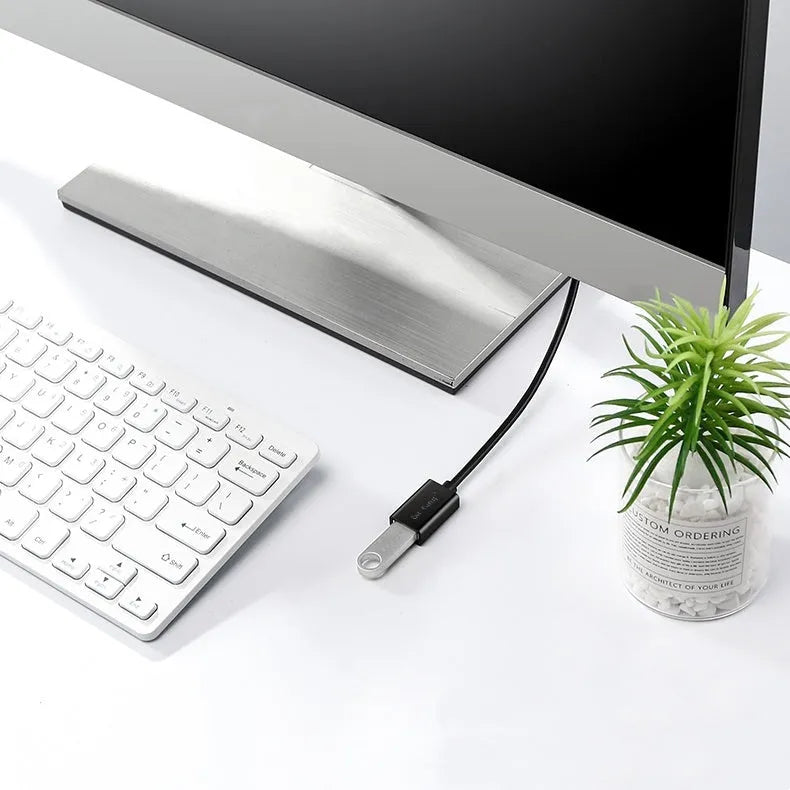 Black USB male to female extension cable showing connector details and available in multiple lengths.