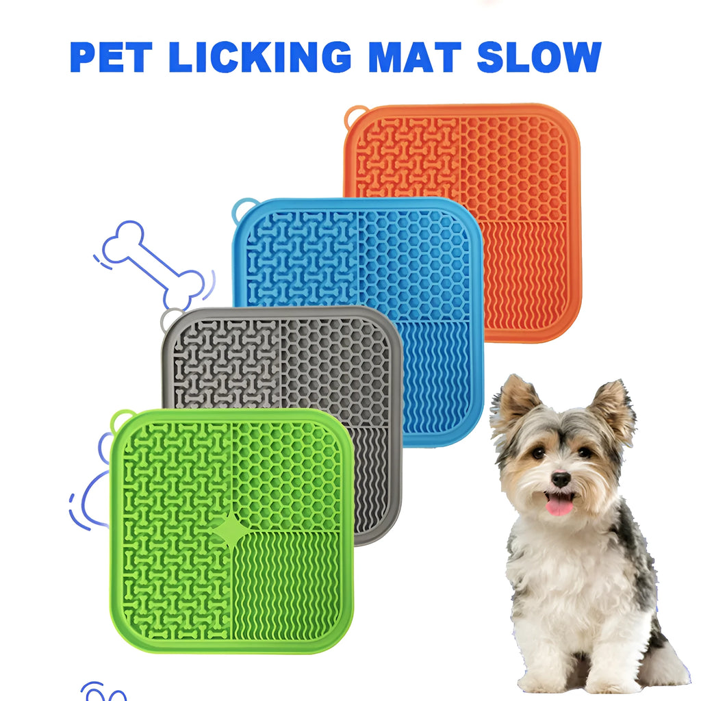 Blue silicone dog licking mat with textured pattern and suction cups on the back.