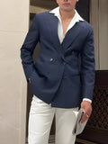 Men's striped double-breasted polyester blazer showing classic design and regular fit