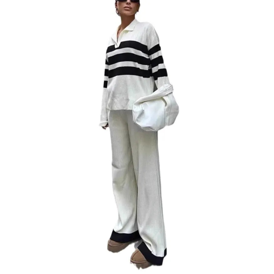 Women's black and white striped polo collar knitted shirt with contrasting trousers two-piece set