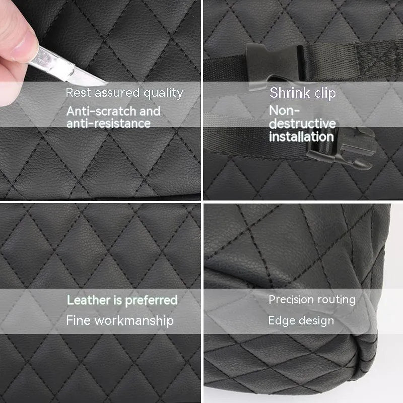 Leather car hanging storage bag in black showing 25cm compact design for vehicle interior organisation