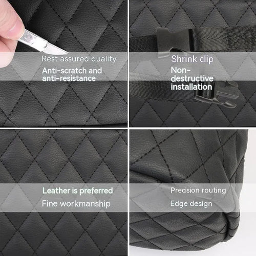 Leather car hanging storage bag in black showing 25cm compact design for vehicle interior organisation