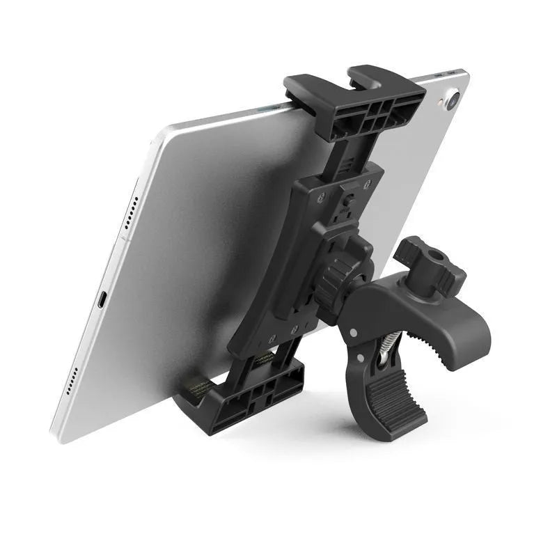 Black universal mobile phone and tablet bicycle handle stand for live streaming on handlebar