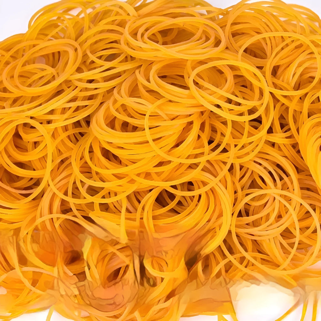 500g pack of assorted large yellow rubber bands in sizes from 25mm to 70mm diameter.