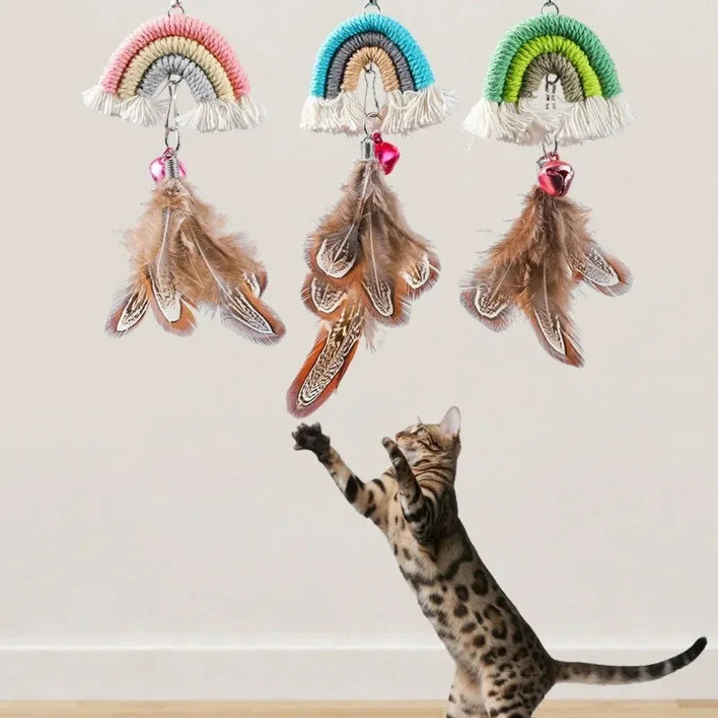 Blue feather cat rope door toy with elastic swing and sticky buckle clamp for feline entertainment