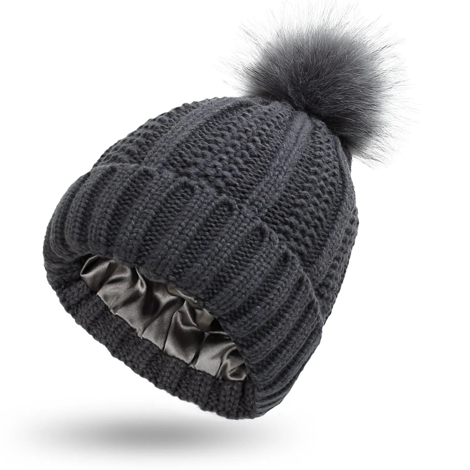 Women's satin lined wool beanie with faux fur pom pom in classic winter colours