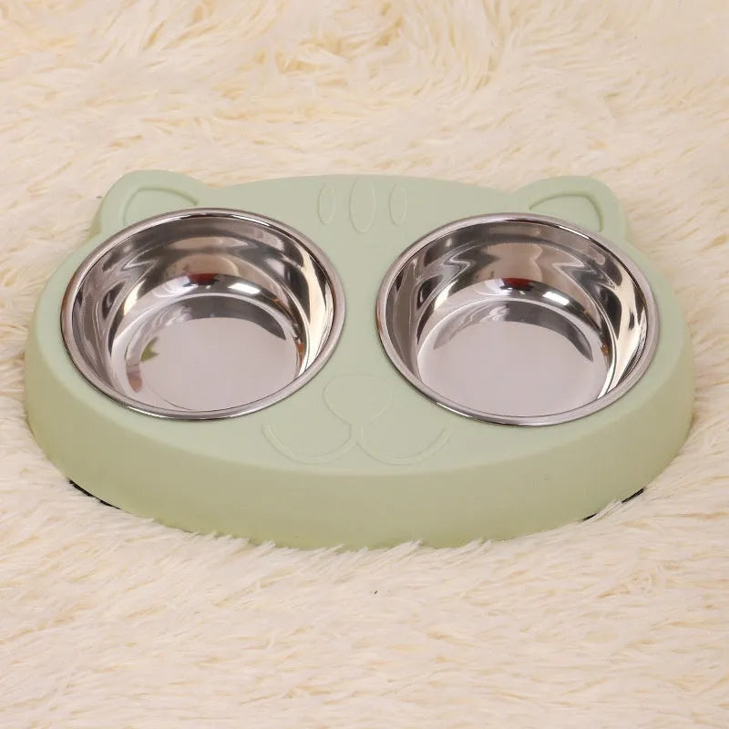 Stainless steel cat face bowl for feeding cats, available in blue, green, and pink